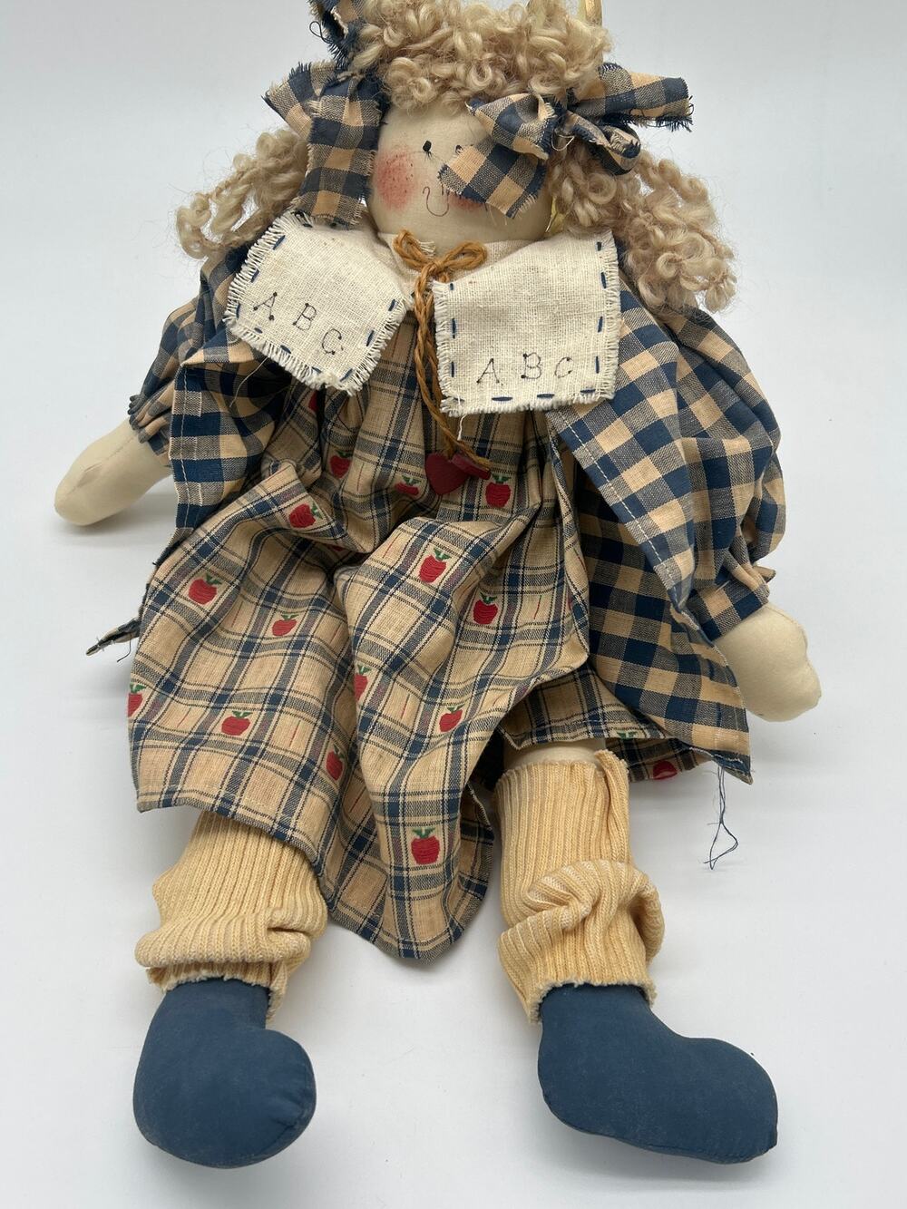 Vintage Rag Doll Plaid Dress ABC Collar Primitive Country Cloth Doll Americana